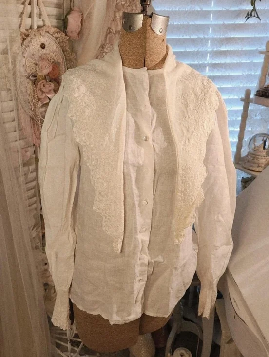 ♡ vintage 80s ralph lauren linen lace tie blouse ♡ - Picture 1 of 8